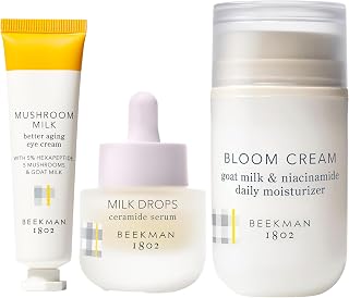Beekman 1802 Milky Must Haves with Bloom Cream Goat Milk Face Moisturizer, Mushroom Milk Eye Cream, and Milk Drops Ceramide Serum