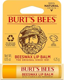 Burt's Bees 100% Natural Origin Moisturizing Lip Balm, Original Beeswax with Vitamin E & Peppermint Oil, 1 Tube, 0.04 ounce
