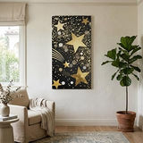 Wood Canvas Wall Art, Yellow Golden Stars Large Wall Decor for Living Room Bedroom, Black Shining Sparks Star Starry Sky Canvas Prints Artwork Ready to Hang Home Decor, Housewarming Gift 20''x40''