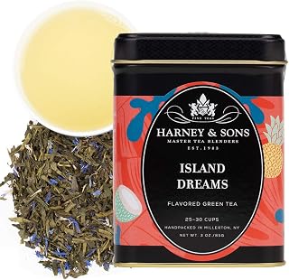 Harney & Sons Island Dreams | 3oz Loose Leaf Green Tea w/ Coconut | Green tea with pineapple, coconut, rum flavor, and blue cornflowers. Contains caffeine.