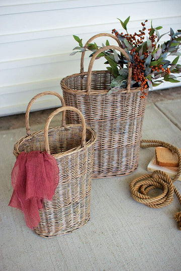 Set of Two Tall Oval Wicker Baskets by KALALOU – 16"L x 9"W x 27"H, Wicker, Brown, Model CLAN1077