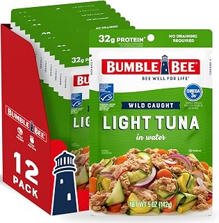 Bumble Bee Chunk Light Tuna in Water, 5 oz Pouch (Pack of 12) | Wild Caught Tuna, Ready to Eat, 32g Protein per Packet, Non-GMO, Gluten Free, Kosher, MSC Sustainable Seafood