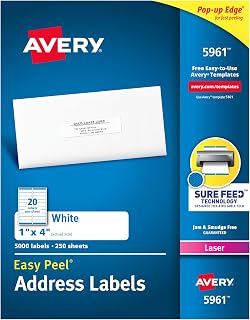 Avery Mailing Address Labels, Laser Printers, 5,000 Labels, 1 x 4, Permanent Adhesive, 2 Packs (5961)