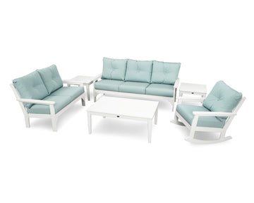 ® Vineyard 6-Piece Deep Seating Set in White/Spa by Polywood – High Density Polyethylene, White / Spa, Model PWS354-2-WH5413