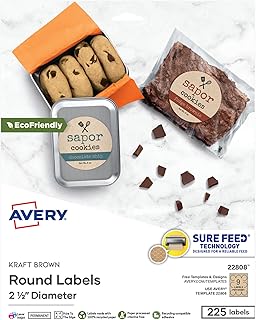 Avery Kraft Brown Round Labels with Sure Feed Technology, 2.5" Diameter, Print to the Edge, Laser/Inkjet Printable Labels, 225 Total (22808)