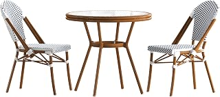 Flash Furniture 31.5" Glass Top Table and 2 Stack Chairs, White/Navy | Commercial Grade, Indoor/Outdoor Use, PE Rattan, Natural Frame, 2 Stack Chairs