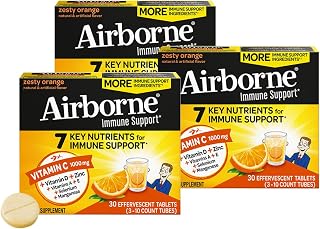 Airborne 1000mg Vitamin C + Zinc Sugar Free Multivitamin Immune Support Effervescent Fizzy Drink Tablets, Zesty Orange Flavor with Powerful Antioxidants Vitamins A C & E, 30 Tablets (3 Pack)