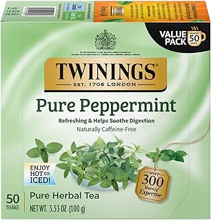 Twinings Pure Peppermint Tea - Naturally Caffeine Free, Refreshing Mint Herbal Tea Bags Individually Wrapped, 50 Count