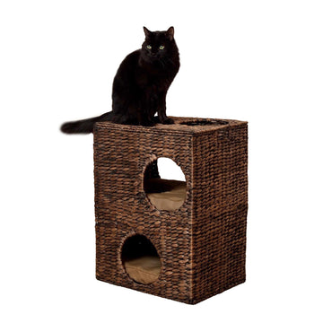 Jaxon 18" Modern Classic 2-Tier Handwoven Hyacinth Rectangular 5-Hole Cat Condo with 2 Machine-Washable Cushions by THE LICKER STORE – One Size, Water Hyacinth, Model CHS1000B