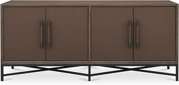 Mako Sideboard, Rectangular, Solid Oak Frame, Shagreen Vegan Leather, Brass Legs, Adjustable Shelves, Brown