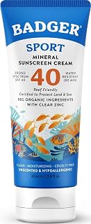 Badger Sport Mineral Sunscreen SPF 40, Zinc Oxide, Reef Safe, 2.9 fl oz | 98% Organic, Zinc Oxide, Water Resistant, Hawaii Reef Act Compliant, Unscented, Sport sunscreen, Hypoallergenic sunblock