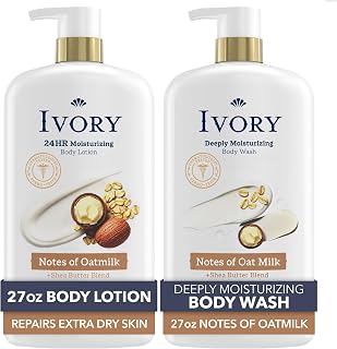 Ivory Hand & Body Lotion + Body Wash Bundle, Oatmilk Scent, 24hr Moisturizing & Nourishing Hydration, Repairs and Soothes Extra Dry & Itchy Skin, Made with Shea Butter Blend, 27 fl oz (Pack of 2)