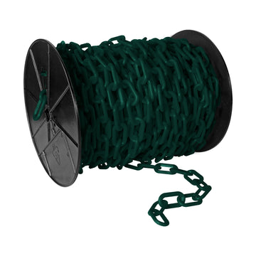 Plastic Barrier Chain Reel by Mr. Chain – 2" Size, 125' Length, Plastic, Evergreen, Model 50154