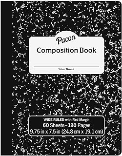 Pacon PACMMK37118 Hard Cover Composition Book, Wide Ruled, 9.75" x 7.5", Black Marble, 60 Sheets