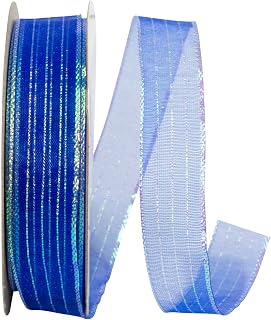 Reliant Ribbon Metallic Organza Stripe, Royal, 5/8 Inch, 25 Yards
