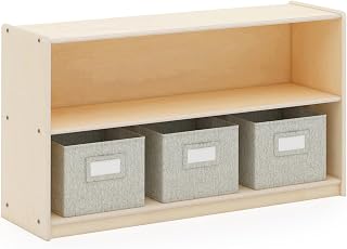 Guidecraft EdQ Two Shelf Open Storage 24'' Natural with 3 Fabric Bins: Wooden Multi-Purpose Bookcases and Toy Storage Organizer; Homeschool and Classroom Furniture