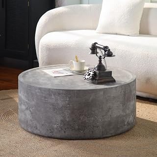 31" Industrial Modern Coffee Table, Round Coffee Table with Faux Concrete Finish, Mesa De Centro para Sala with No Assembly Needed for Compact Living Spaces, Stone Gray