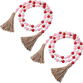 2 Pieces Valentine‘s Day Wood Beaded Garland with Tassel, Farmhouse Rustic Wood Bead Decor Boho Bead Garlands for Tiered Tray Wall Hanging Home Decorations