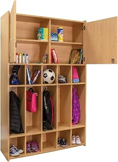 Tot Mate 5-Section School Age Laminate Floor Locker, 46" Wide Storage Shelf with Doors, 2 Adjustable Shelves in Upper Compartment, Cubee Shelves, Classroom Furniture, (Fully Assembled, Maple)