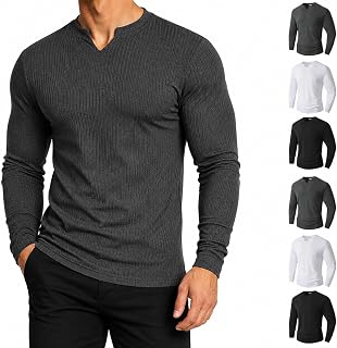 Mens V‑Notch Henley Long Sleeve T‑Shirt Ribbed Slim Fit Casual Tops | Stretchy Skin‑Friendly,Soft Breathable Texture,Solid‑Color Basic Shirt,Commuting,Indoor Relaxation,Casual Evening Gathering