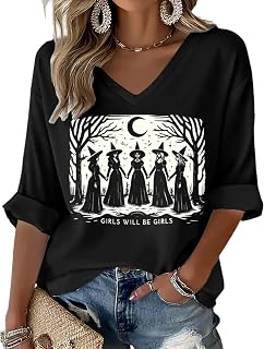Halloween Shirt for Women Witch Graphic Tees Funny Ghost Pumpkin Fall Spooky Season Casual V Neck Tee Tops
