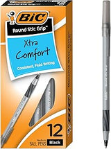 BIC Round Stic Grip Xtra Comfort Black Ballpoint Pens, 12-Count Pack
