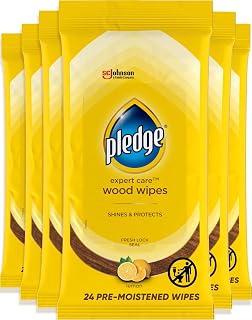 Pledge Expert Care Enhancing Wood Wipes, Lemon Scent (Pack of 6, 144 Total Count), Yellow