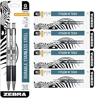 Zebra Technologies Zebra Pen G-301 Stainless Steel Retractable Gel Pen, Medium Point, 0.7mm, Black Ink, 2-Count Bundle with 8 Pen Refills, 0.7mm