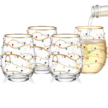 Vesici Stemless Wine Glasses, 19 oz Multicolor Rhinestone Set, 4 Pack