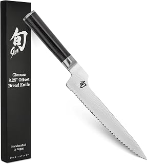 Shun Classic 8.25" Offset Bread Knife, Handcrafted Japanese Serrated Knife for Professional and Home Chefs, VG-MAX Core with Damascus Stainless Steel Cladding, Pakkawood Handle