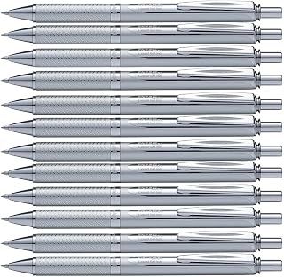 Pentel EnerGel Sterling Rollerball, 0.7 mm Tip, Silver Barrel, Black Ink (Pack of 12)