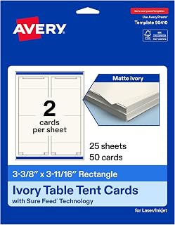 Avery Printable Rectangle Table Tent Cards, 3-3/8" x 3-11/16", Matte Ivory, Sure Feed Technology, Print-To-The-Edge Capability, Laser/Inkjet Compatible, 50 Total, Ideal for Packaging, and Displays