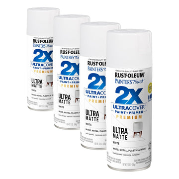 Painter's Touch 2X Ultra Cover Spray Paint by Rust-Oleum – 12 Ounce (Pack of 4), Plastic, Ultra Matte White, Pack of 4, Model 331181
