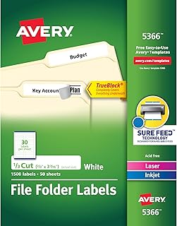 Avery TrueBlock File Folder Labels, 2/3" x 3-7/16", 1,500 Printable Labels, White, Permanent (5366)