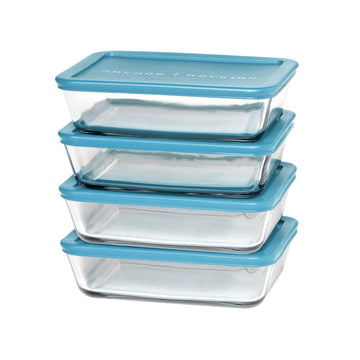 SnugFitTM Rectangular Food Storage Containers with Lids (4-Piece by Anchor Hocking – Large, 1.4 liters, Glass, Teal, Pack of 4