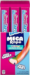 SweeTARTS Mega Filled Ropes Twisted Rainbow Punch Candy, 1.32 oz, 24 Pk | Filled center sweet tart rope, individually wrapped, lunchbox, party favors, snacking