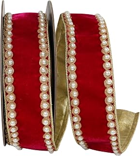 Reliant Ribbon Pearl Edging Plush Velvet Deluxe Splendor Metallic Backed Wired Edge, Ruby, 2-1/2 Inch, 5 Yards