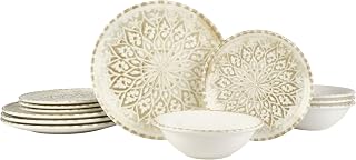 Pfaltzgraff Solara Beige 12 Piece Porcelain Dinnerware Plates Bowl Set for 4