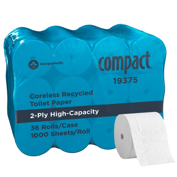 Compact by Georgia-Pacific PRO Coreless 2-Ply Recycled Toilet Paper – White, 1000 Sheets Per Roll, 36 Toilet Tissue Rolls Per Case, 19375