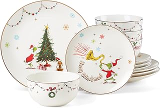 Lenox Merry Grinchmas Porcelain 12-Piece Christmas Dinnerware Set for 4 | ceramic, dishwasher safe, microwave safe | plates and bowls sets for kitchen and dining | 10.75 inch plate