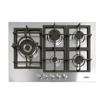 Summit , 30-Inch-Wide 5-Burner Gas Cooktop, Stainless Steel with Sealed Burners, Cast Iron Grates, NG/LPG Conversion Kit, Wok Ring, Flame Failure Protection, Easy to Clean, Cord