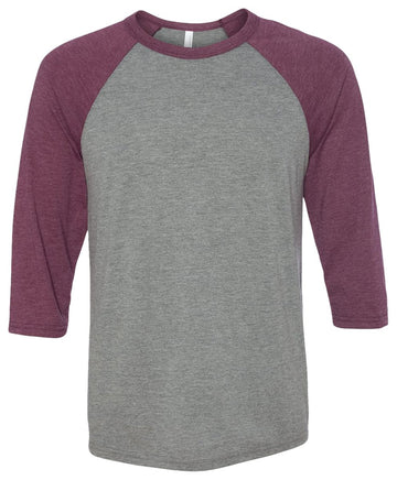 BELLA+CANVAS 3/4-Sleeve Baseball Tee by Bella + Canvas – Polyester, Grey/ Maroon Triblend, Model C3200