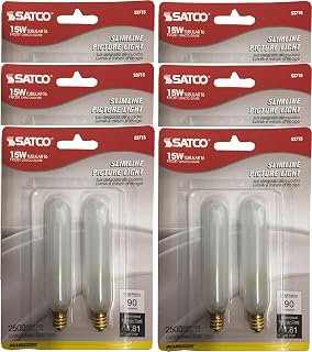 Satco S3715 Set of 6 Blister Packs Each with Two T6 Candelabra Tubular 15 Watt 120V Incandescent Dimmable Frosted Bulbs; Total of 12 Bulbs; C-5A Filament; E12 ANSI Base; 2700K Warm White
