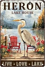 8x12 inch Vintage Heron Lake House Tin Sign Rustic Cabin Wall Art Metal Poster Retro Cabin Decor Lakeside Home Decoration Iron Plaque
