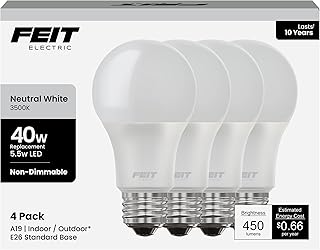 Feit Electric A19 LED Light Bulb, 40-Watt Equivalent, 3500K Neutral White, E26 Base, 450 Lumens, 11,000-Hour Lifespan, General-purpose Residential or Commercial Applications, A450/835/10KLED/4, 4-Pack