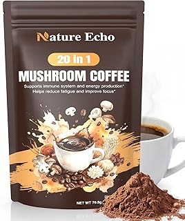 Nature Echo 20 in 1 Mushroom Coffee with Ashwagandha | Lion’s Mane, Reishi, Cordyceps & More - Low Caffeine Instant Coffee Powder for Focus, Energy, Immune & Gut Support | 2.5 Ounce | Sugar Free