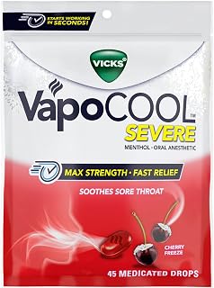 Vicks VapoCool Severe Medicated Sore Throat Drops, Max Strength Menthol, Soothes Sore Throat Pain, Cherry Flavor, 45ct (Pack of 9)