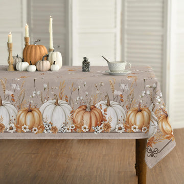 Horaldaily Thanksgiving Tablecloth, 60 x 84 Inch Rectangle, Beige Pumpkin