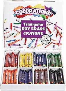 Colorations Large Triangular Dry Erase Non-Roll Crayon Classpack, 8 Colors, 12 of each, Set of 96, Shape is Easier to hold & grip, Glide easily, Non Toxic Crayons, Kids Crayons, School Supplies