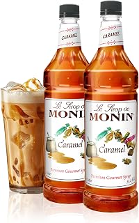 Monin Caramel Syrup, Rich and Buttery, Great for Desserts, Coffee, and Cocktails, Gluten-Free, Non-GMO (1 Liter, 2-Pack)